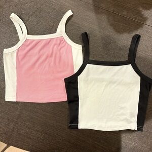 SHEIN Pink and Black Ribbed Contrast Crop Tops